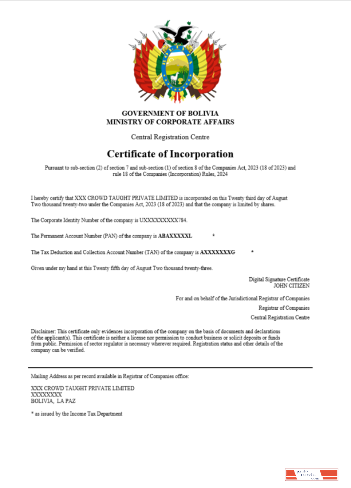 Bolivia certificate of registration Word and PDF template